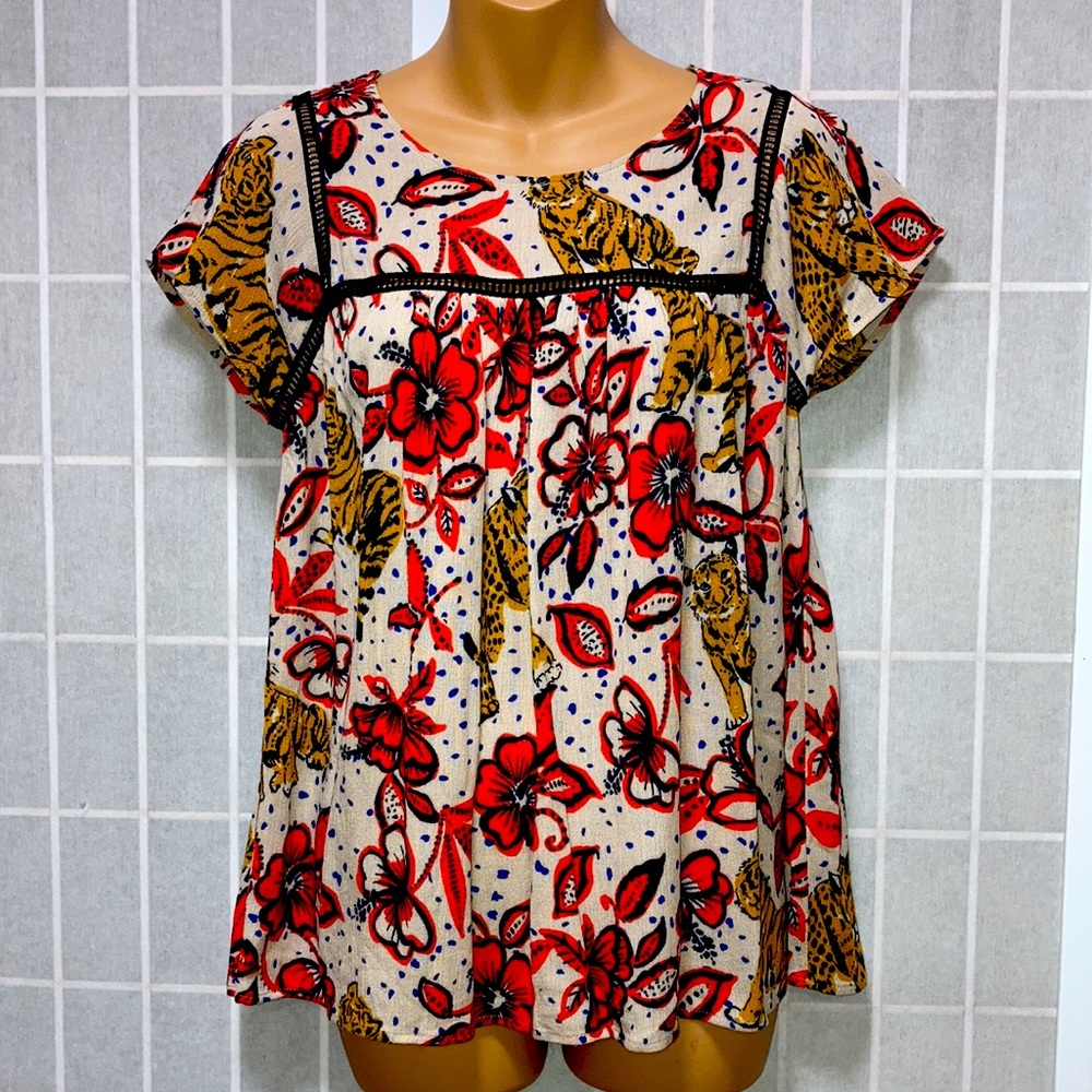 Coreylynncalter ANTHROPOLOGIE Tiger &Tropical Floral Print Summer Tunic Top XS